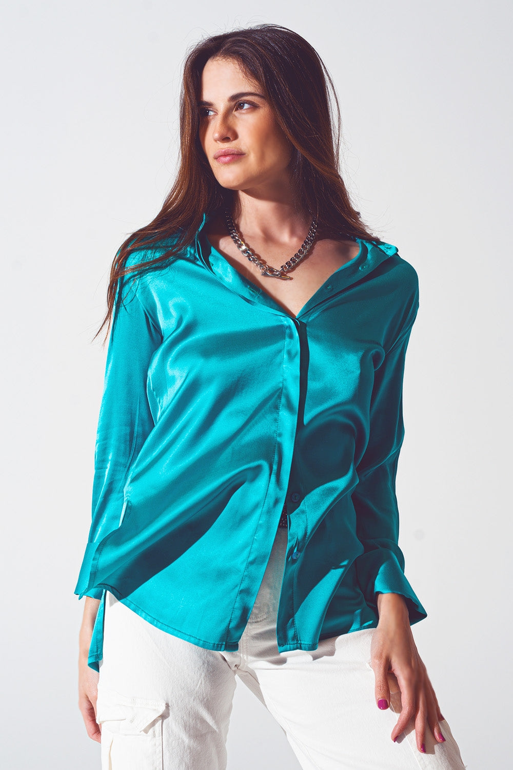 Satin shirt with split cuff in turquoise Q2 Shirts BoutiqueLua