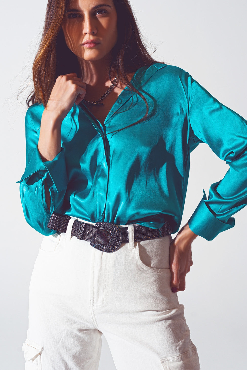 Satin shirt with split cuff in turquoise Q2 Shirts BoutiqueLua