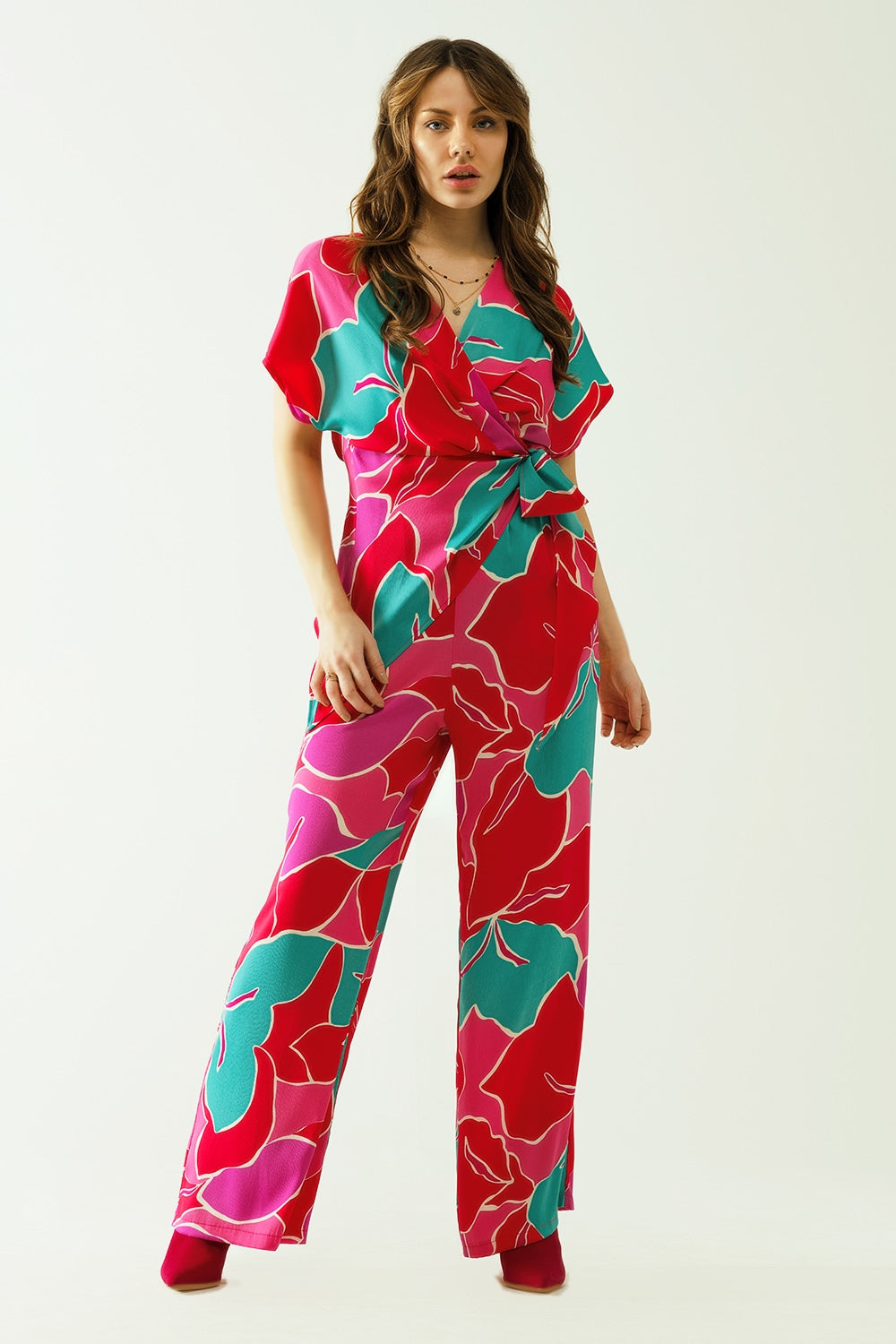 Satin Short sleeves top with floral design and a knot detail - Tops