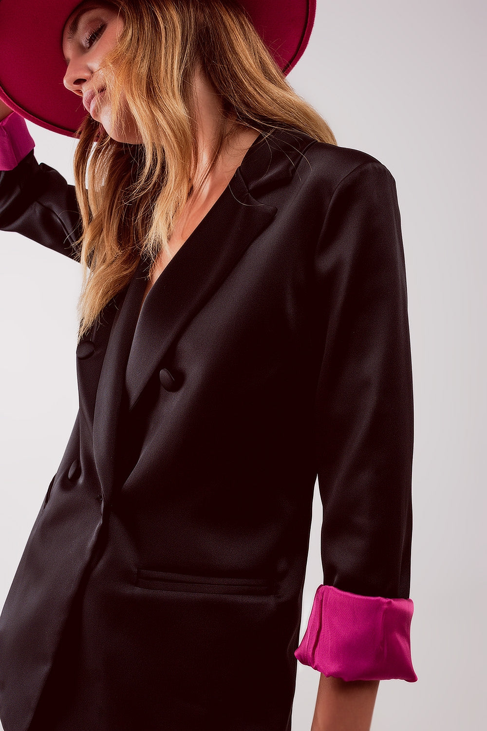 Satin tailored double breast blazer in black Q2 Coats and Jackets BoutiqueLua