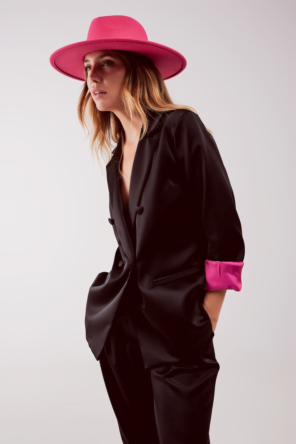 Satin tailored double breast blazer in black Q2 Coats and Jackets BoutiqueLua