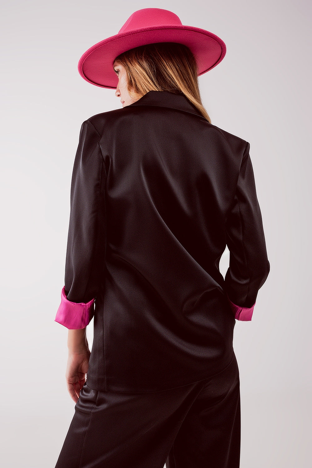 Satin tailored double breast blazer in black Q2 Coats and Jackets BoutiqueLua