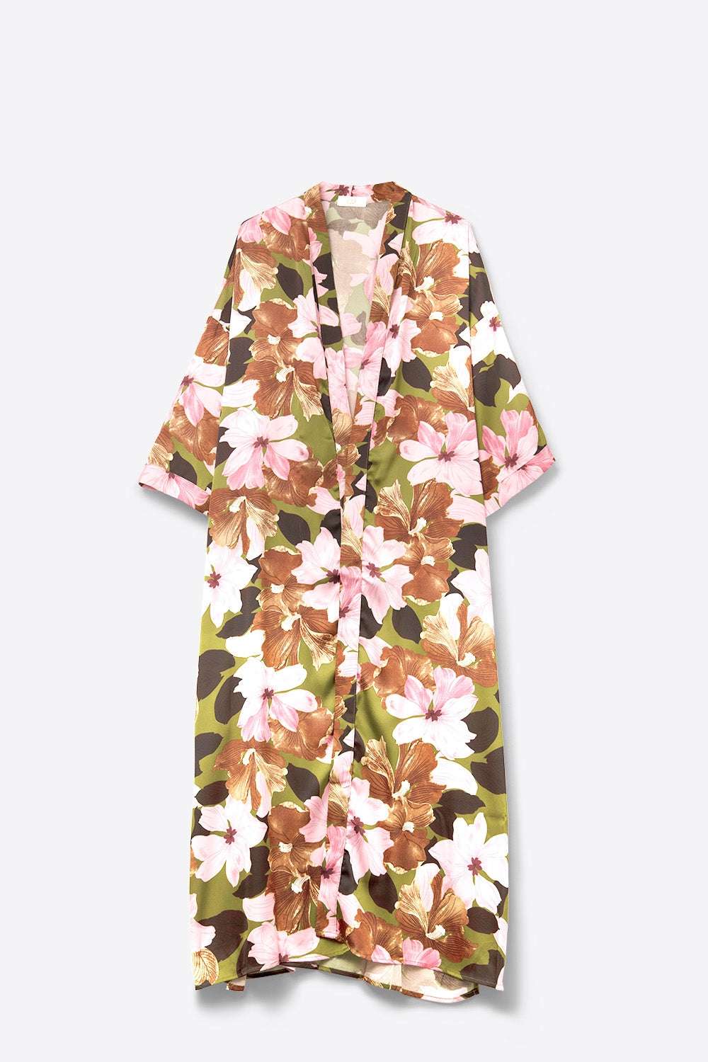 Satin Tropical Floral Kimono in Olive Green - Dresses