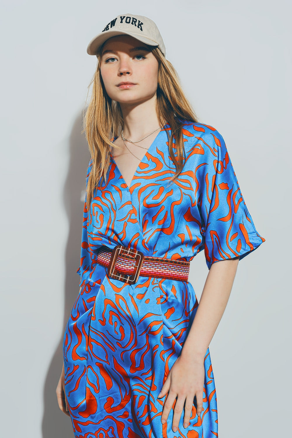 Satin V Neck Midi Dress in Blue Q2 Dresses BoutiqueLua