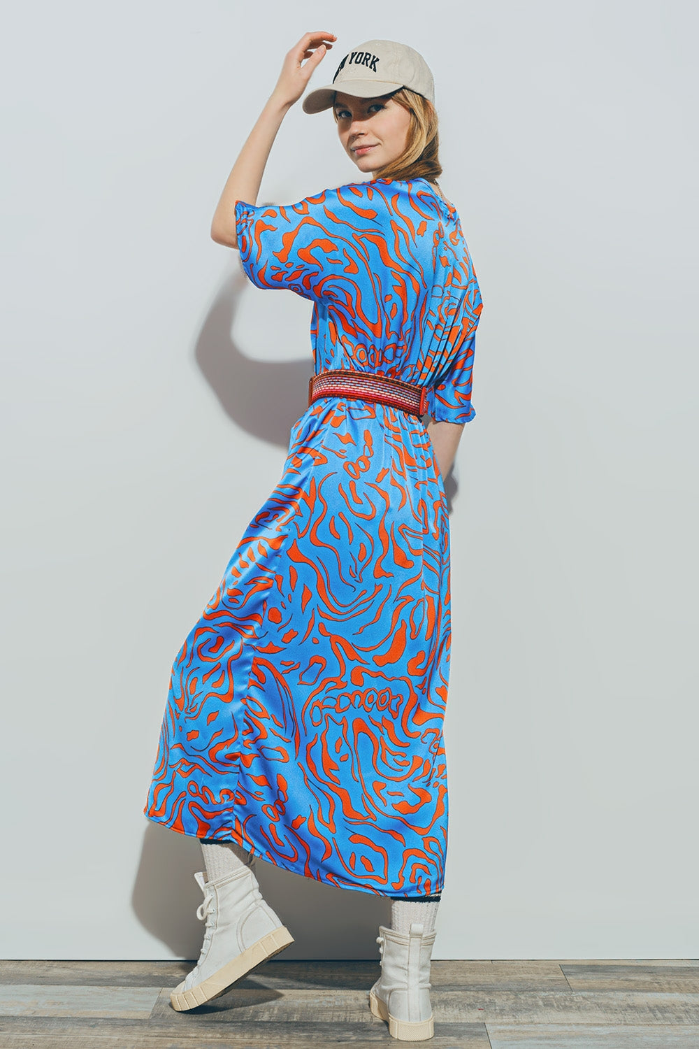 Satin V Neck Midi Dress in Blue Q2 Dresses BoutiqueLua