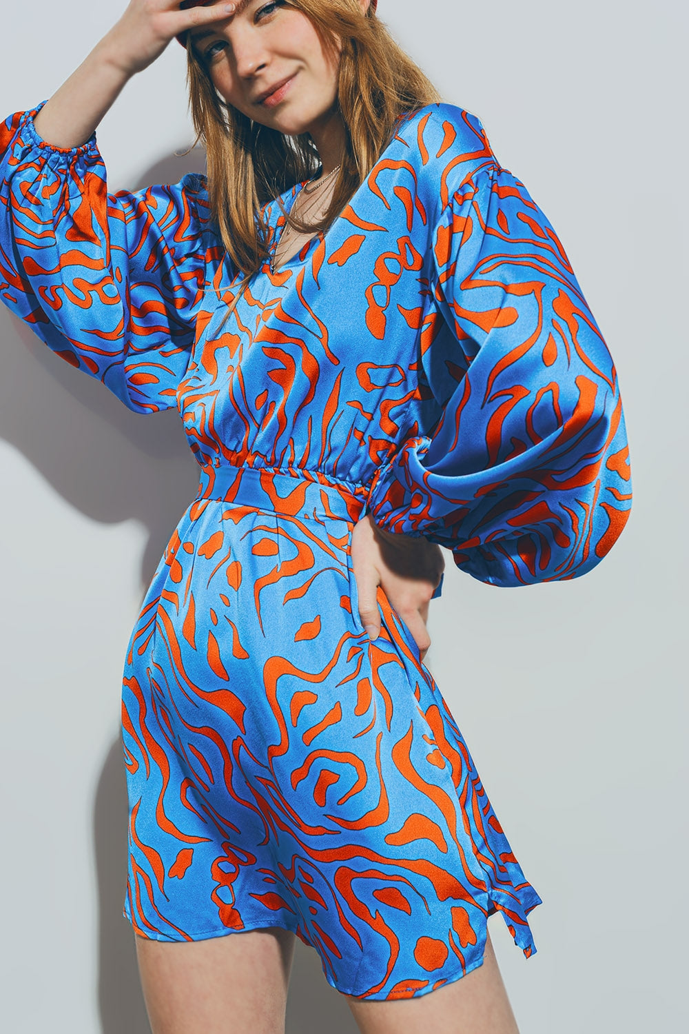 Satin V Neck Mini Dress in Blue Q2 Dresses BoutiqueLua