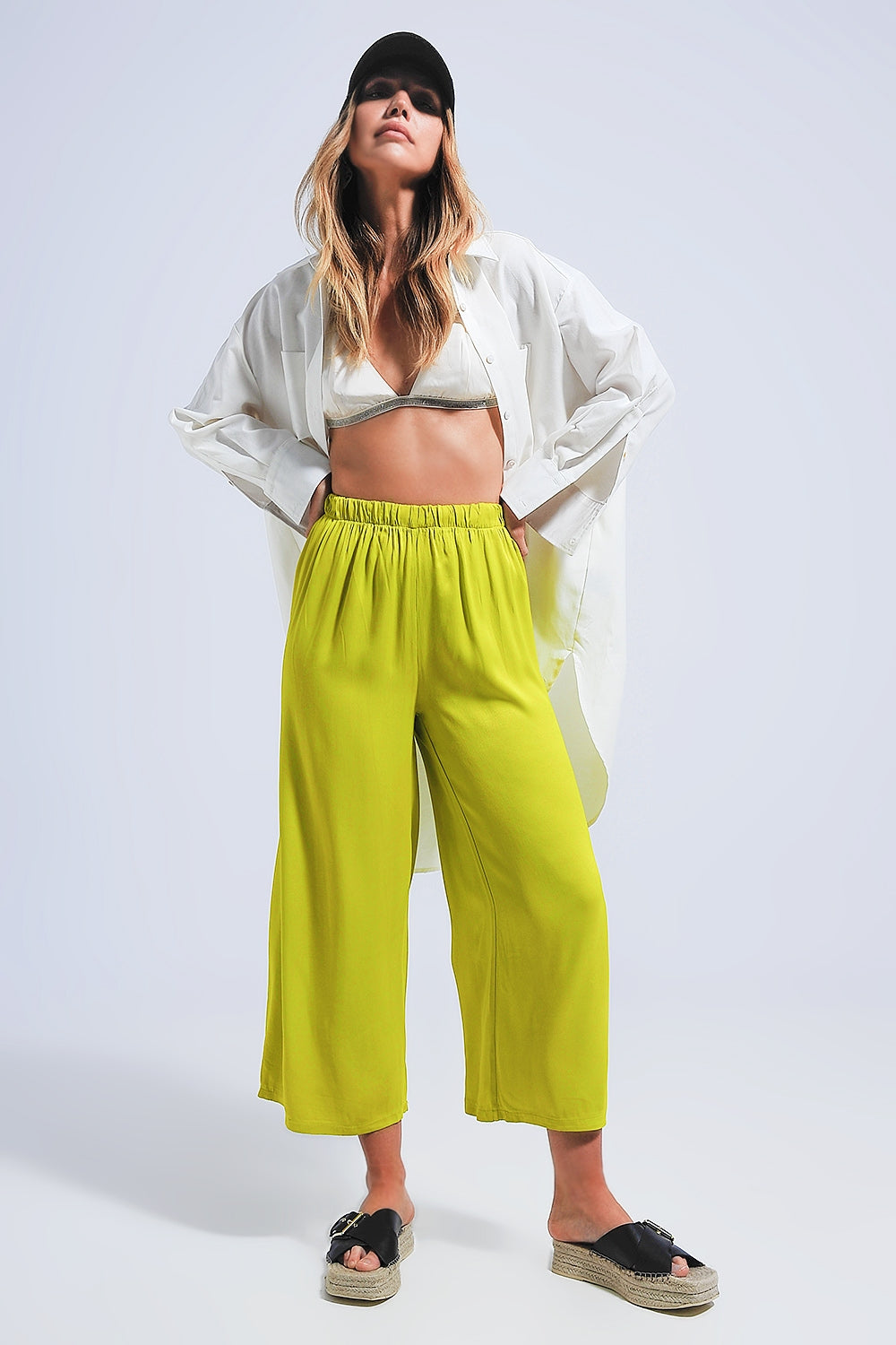 Satin wide leg pants in green Q2 Pants BoutiqueLua
