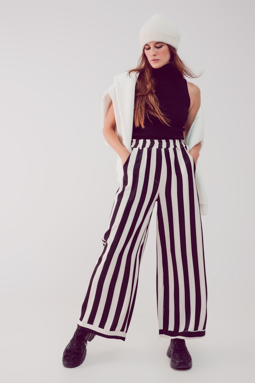 Satin wide leg stripe pants in black Q2 Pants BoutiqueLua