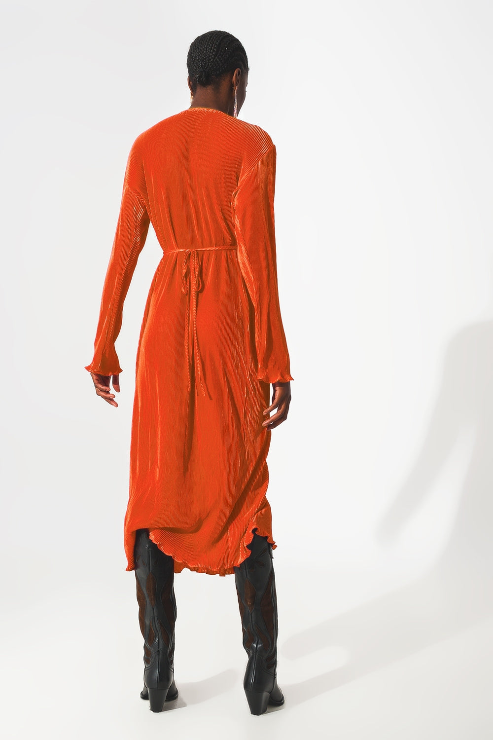 Satin wrap deatil pleated dress in orange Q2 Dresses BoutiqueLua