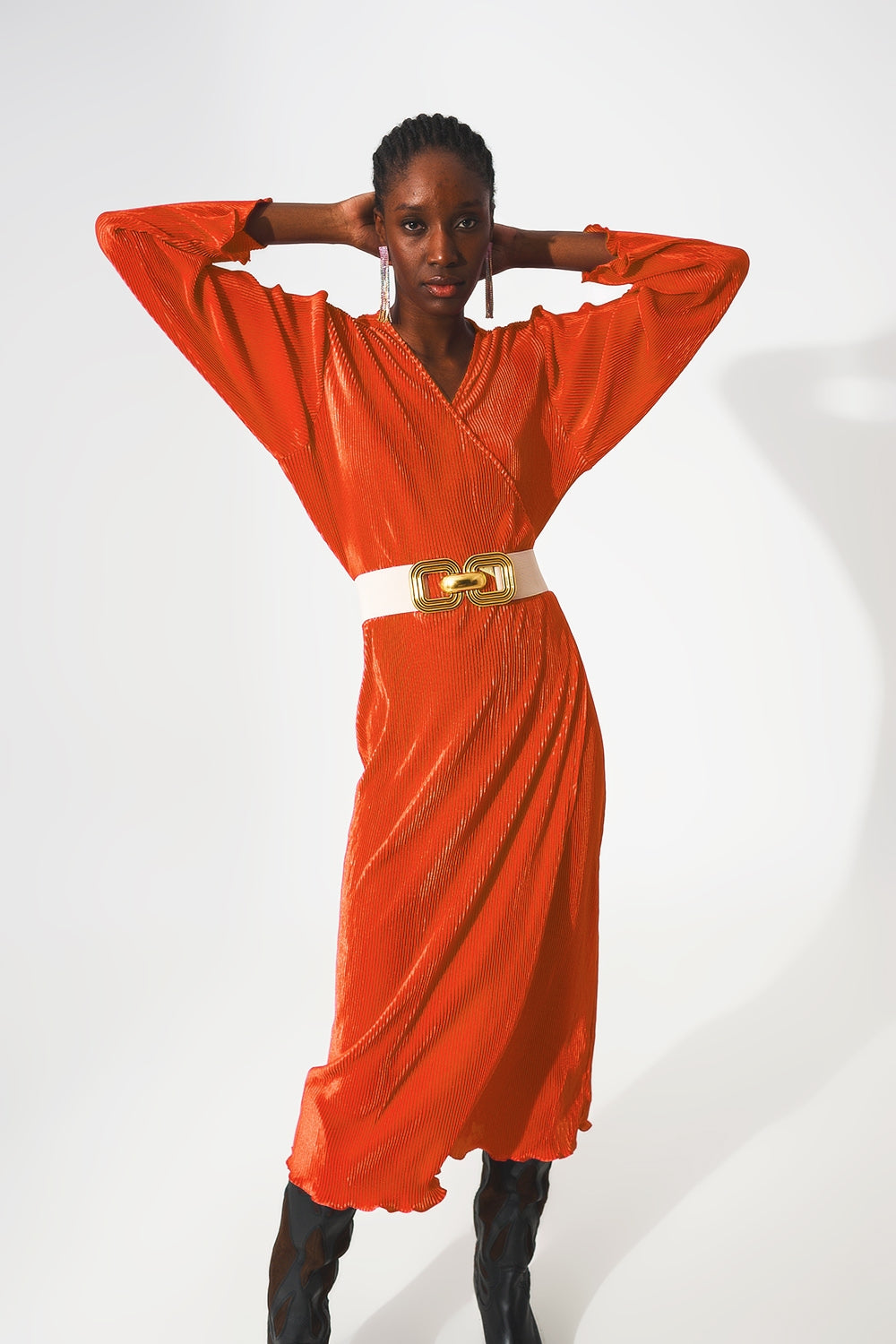 Satin wrap deatil pleated dress in orange Q2 Dresses BoutiqueLua