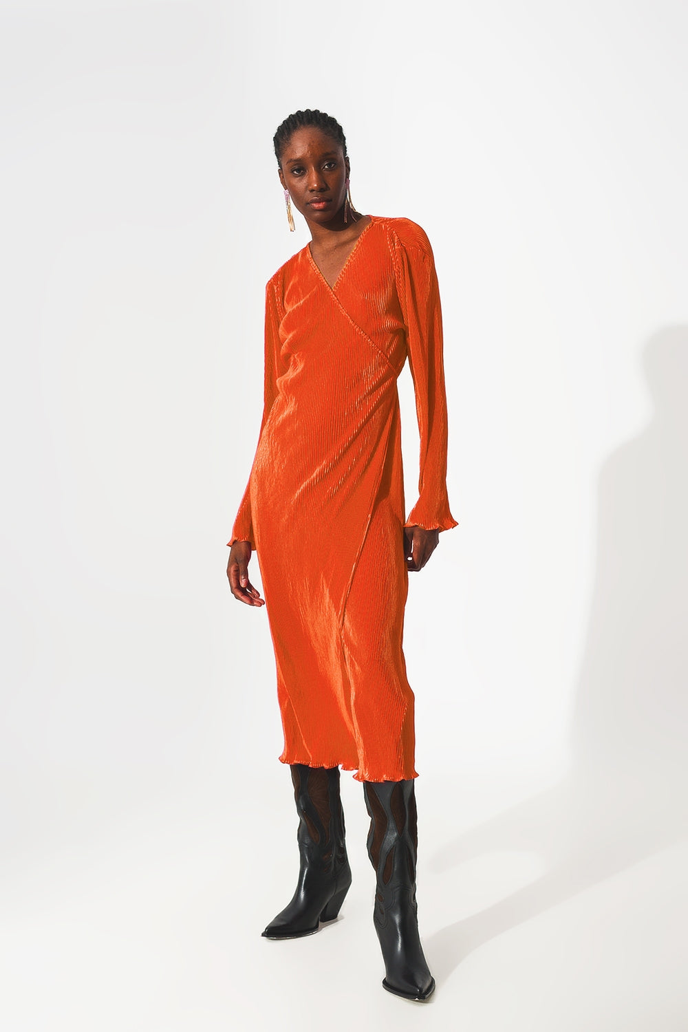 Satin wrap deatil pleated dress in orange Q2 Dresses BoutiqueLua