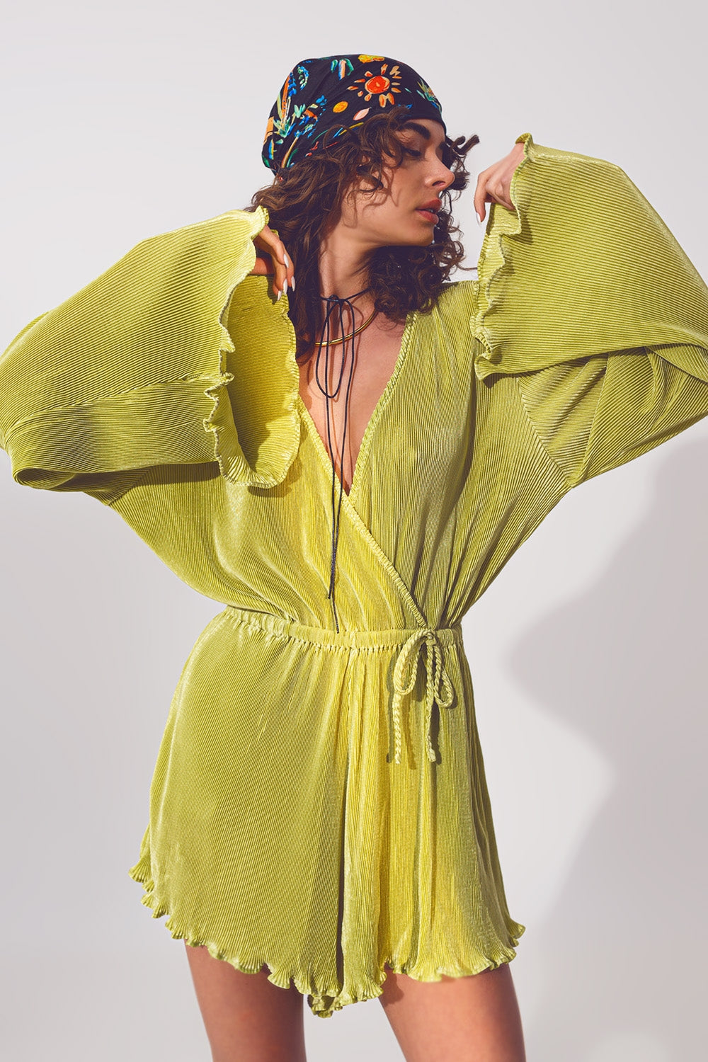 Satin Wrap Deatil Pleated Short Jumpsuit in Green - Dresses