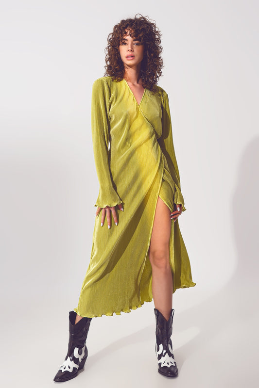 Satin Wrap Detail Pleated Dress in Green - Dresses