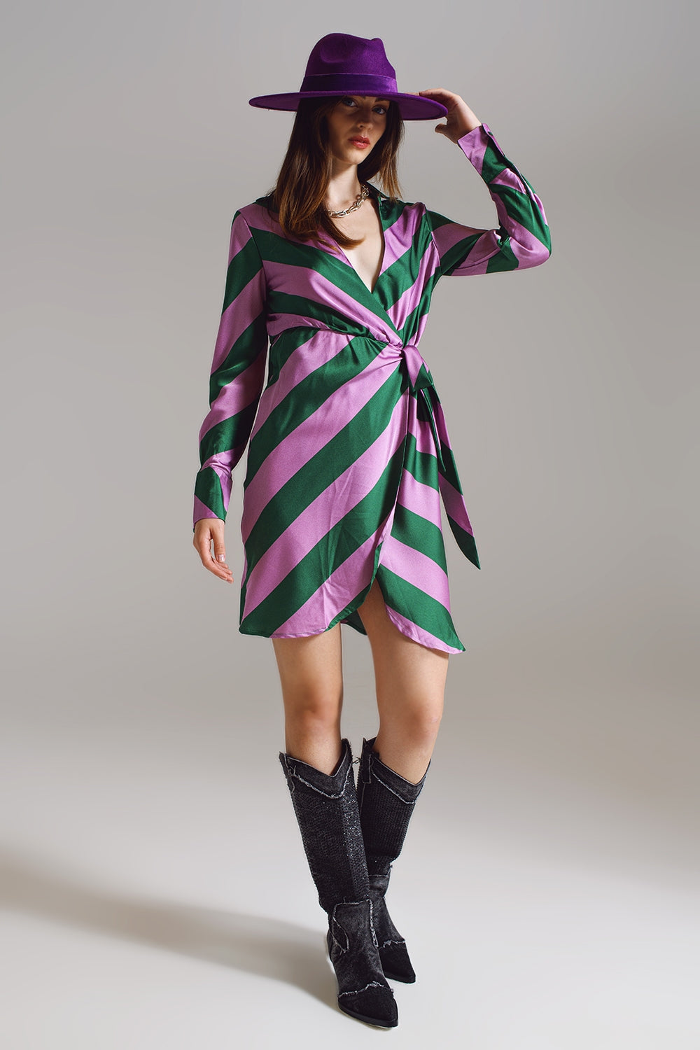 Satin Wrap Dress in Lilac and Green Striped Print Q2 Dresses BoutiqueLua