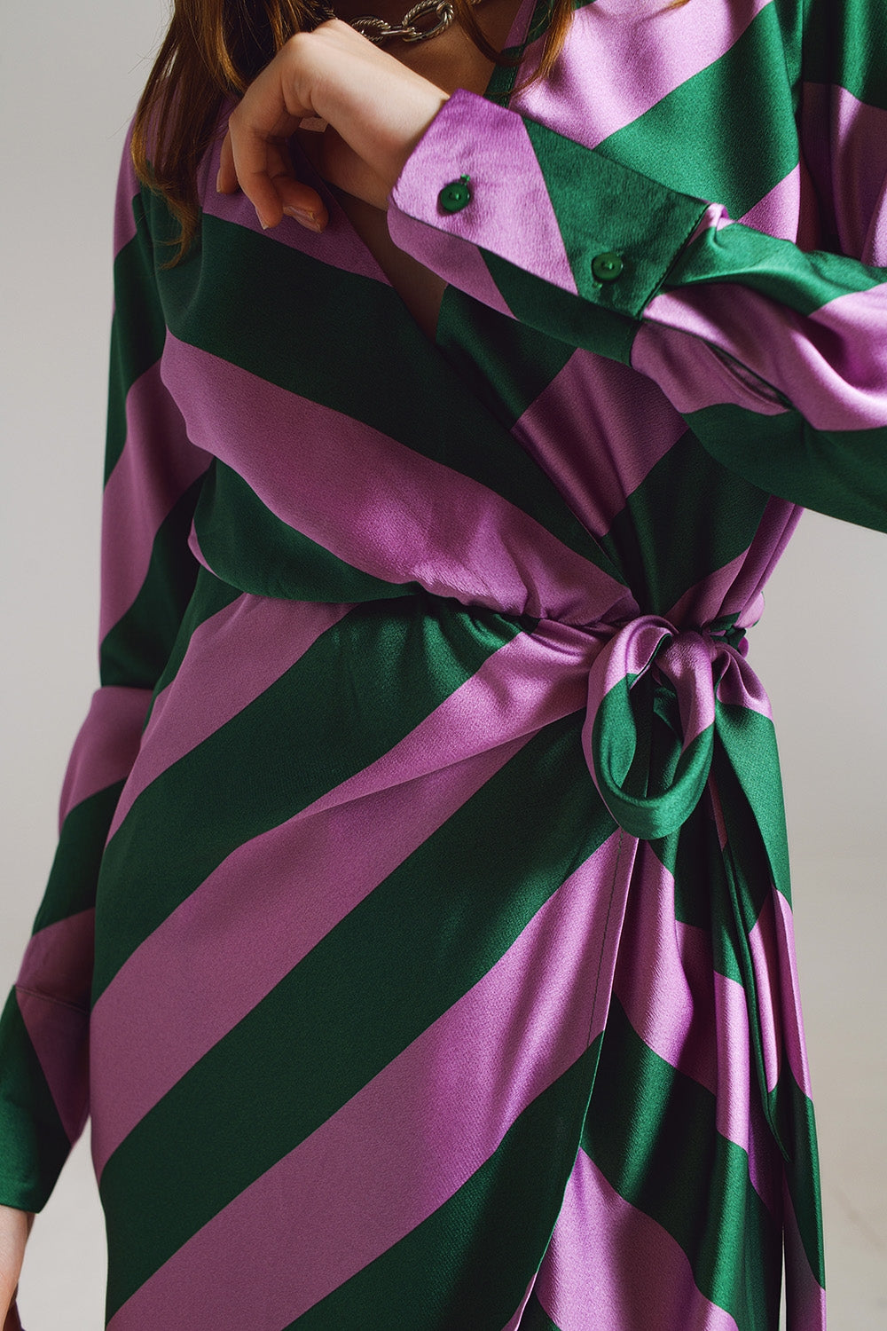 Satin Wrap Dress in Lilac and Green Striped Print Q2 Dresses BoutiqueLua