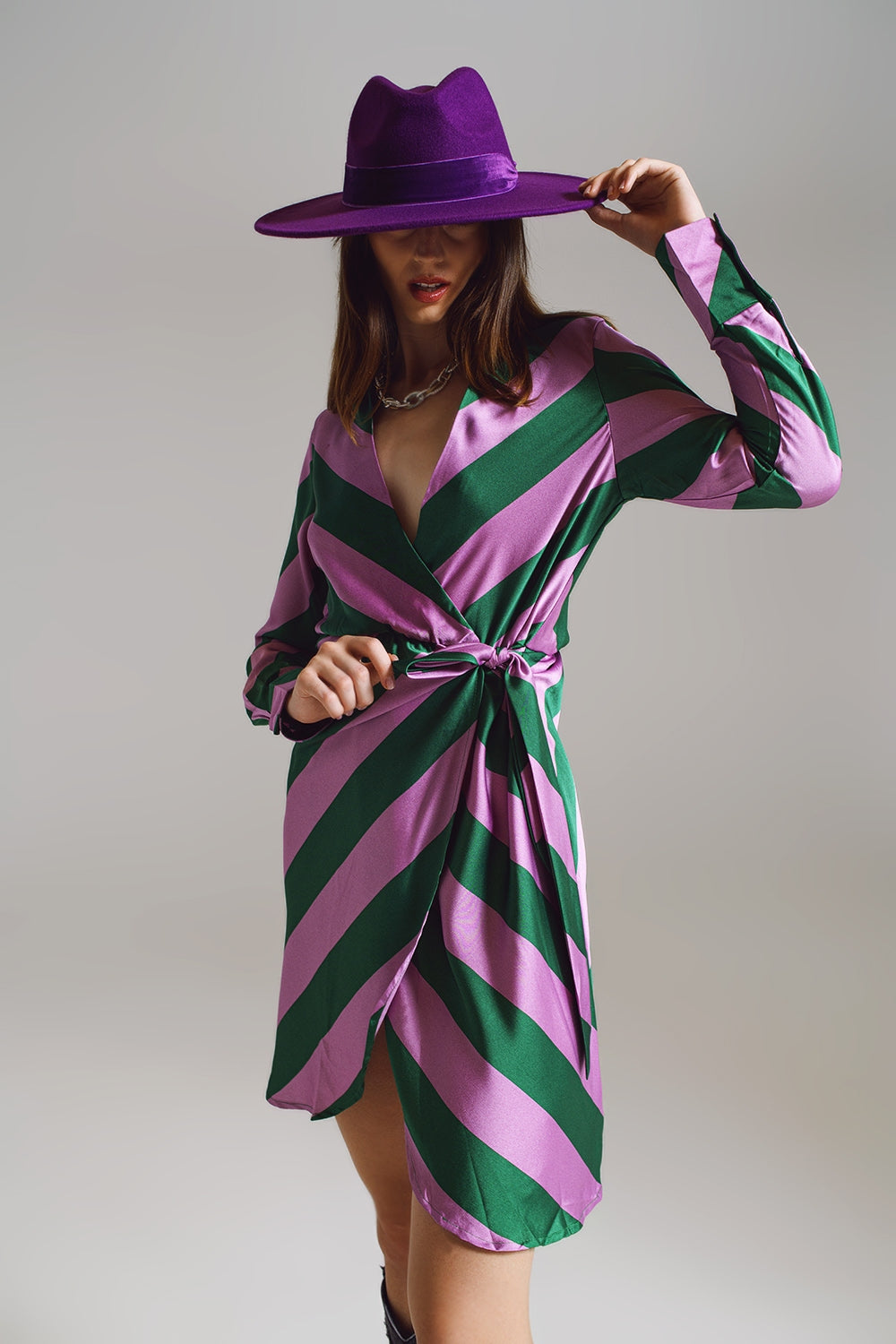 Satin Wrap Dress in Lilac and Green Striped Print Q2 Dresses BoutiqueLua