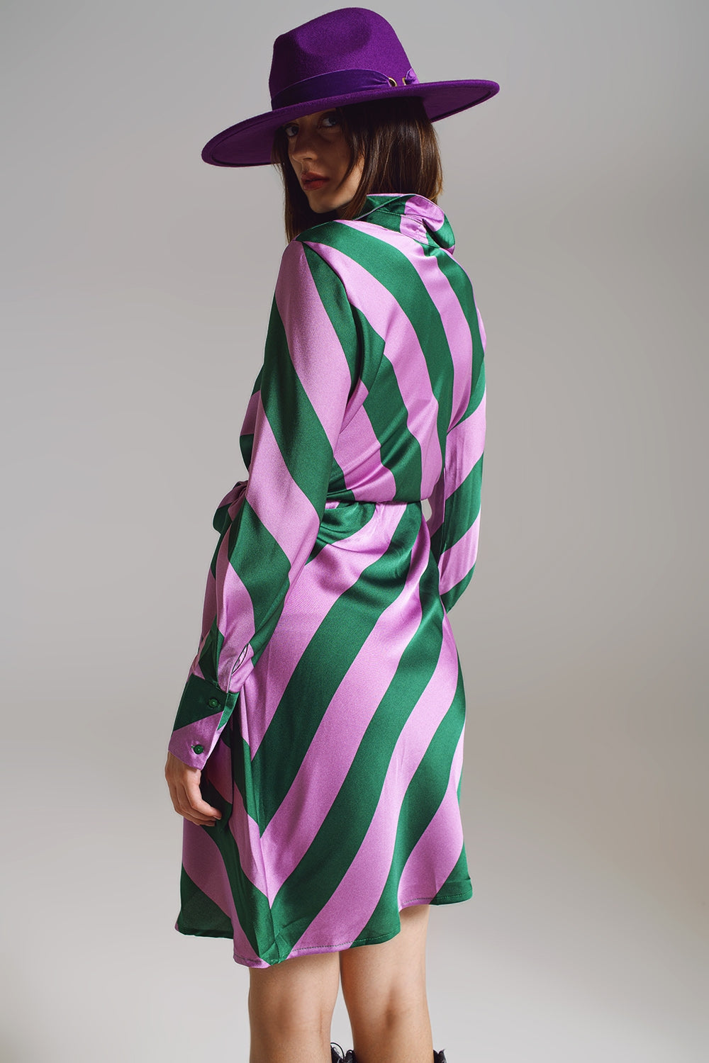 Satin Wrap Dress in Lilac and Green Striped Print Q2 Dresses BoutiqueLua