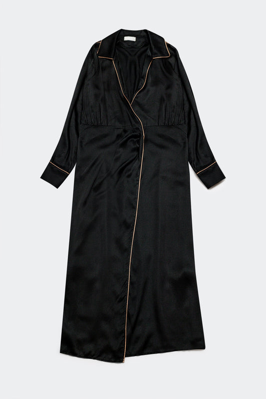 Satin wrap front maxi dress in black satin - Dresses