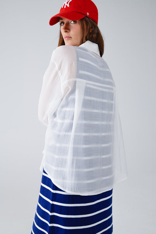 Semi Sheer White Blouse With Ruffle Detail Down The Front - Blouses