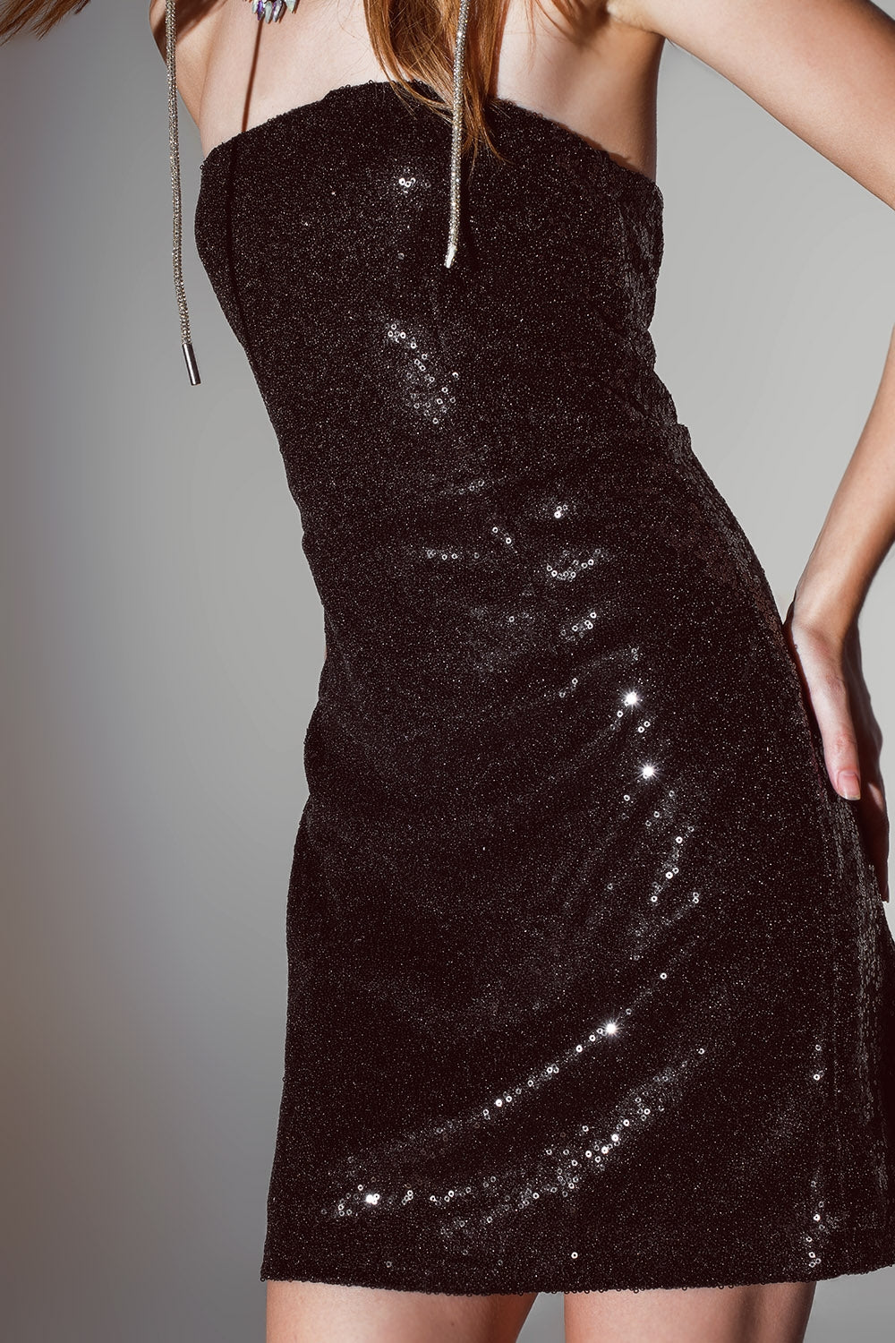 Sequin bandeau mini pencil dress in black Q2 Dresses BoutiqueLua