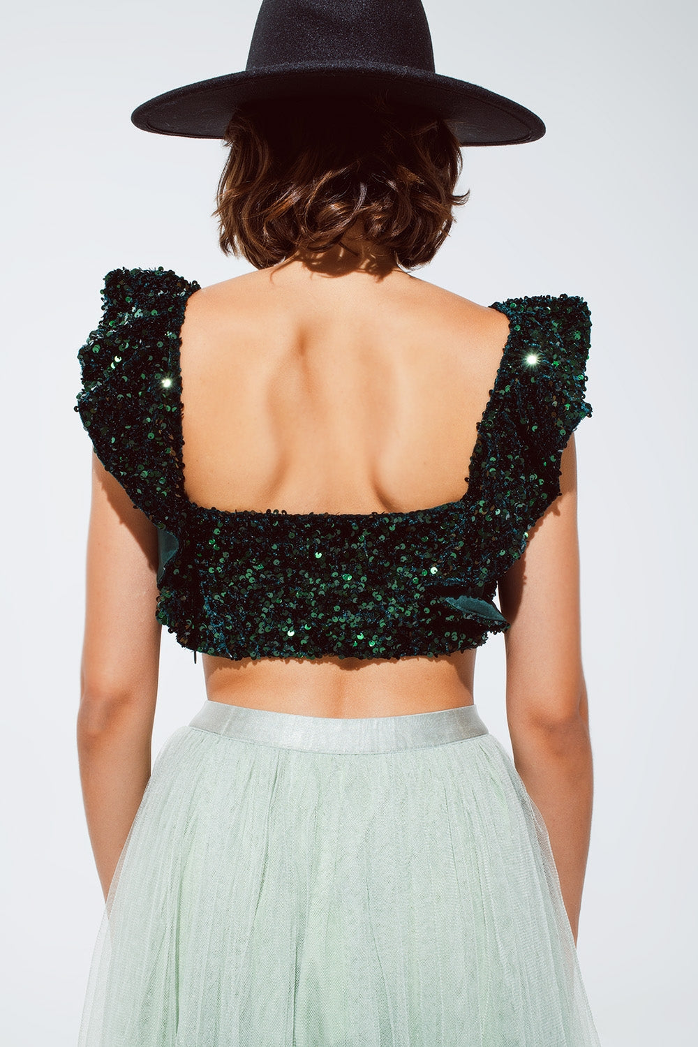 Sequin Cropped top in green with wide straps Q2 Tops BoutiqueLua