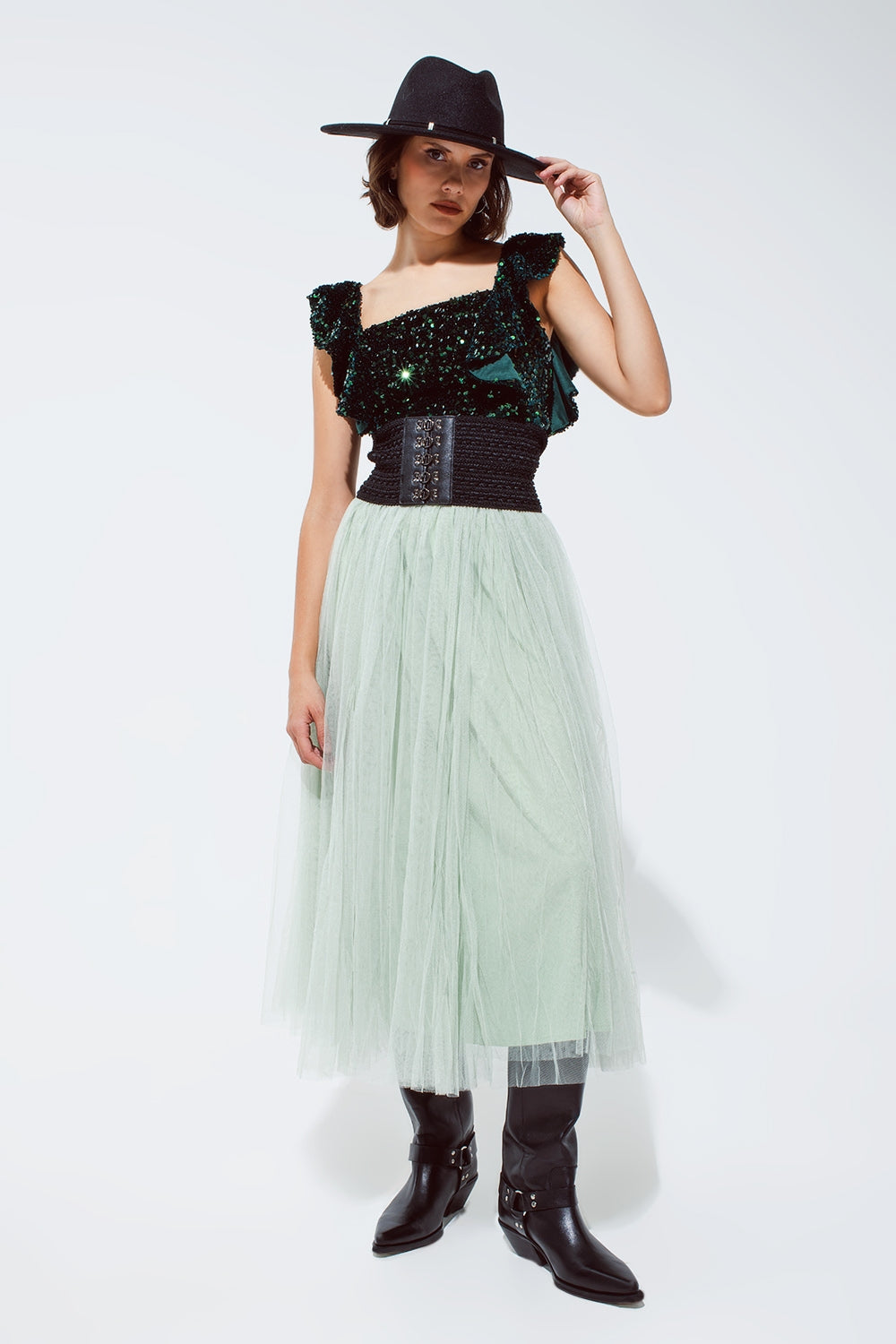 Sequin Cropped top in green with wide straps Q2 Tops BoutiqueLua