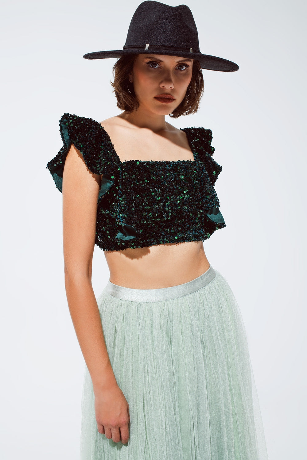 Sequin Cropped top in green with wide straps Q2 Tops BoutiqueLua
