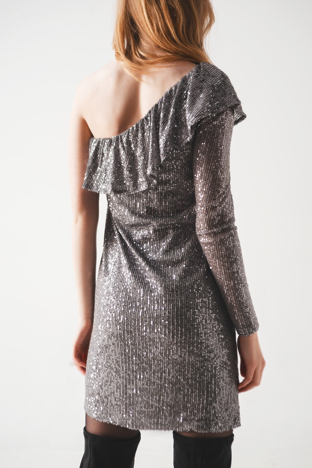 Sequin long sleeve mini dress in silver Q2 Dresses BoutiqueLua