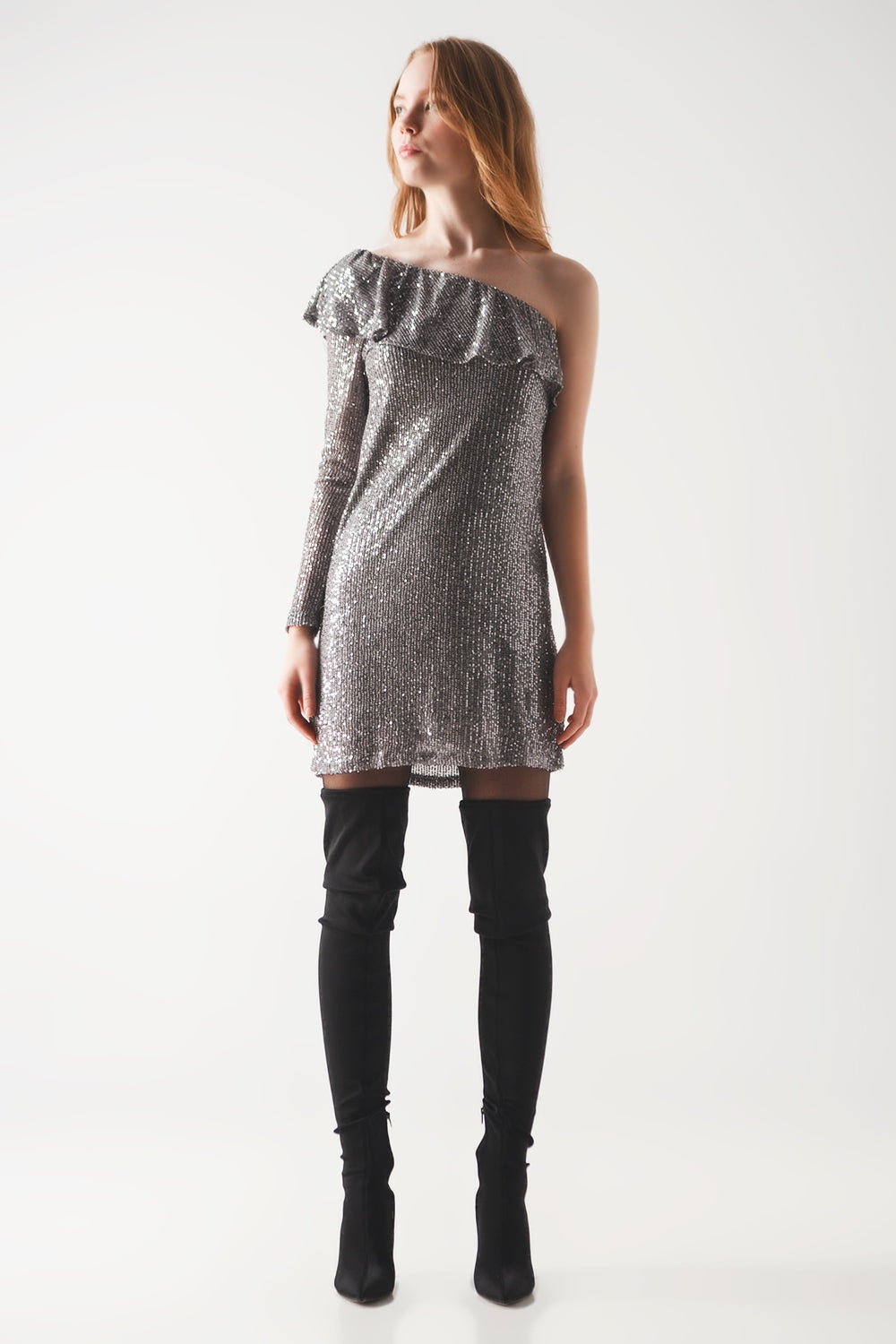 Sequin long sleeve mini dress in silver Q2 Dresses BoutiqueLua