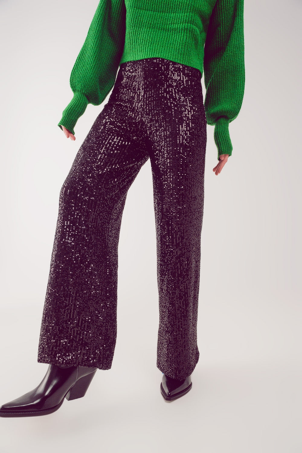 Sequin wide legs pants in black Q2 Pants BoutiqueLua