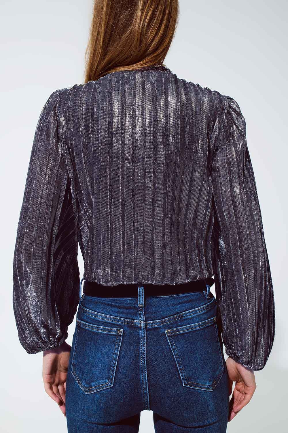 Shiny Glitter Body with Deep V-Neck in Silver Q2 Tops BoutiqueLua