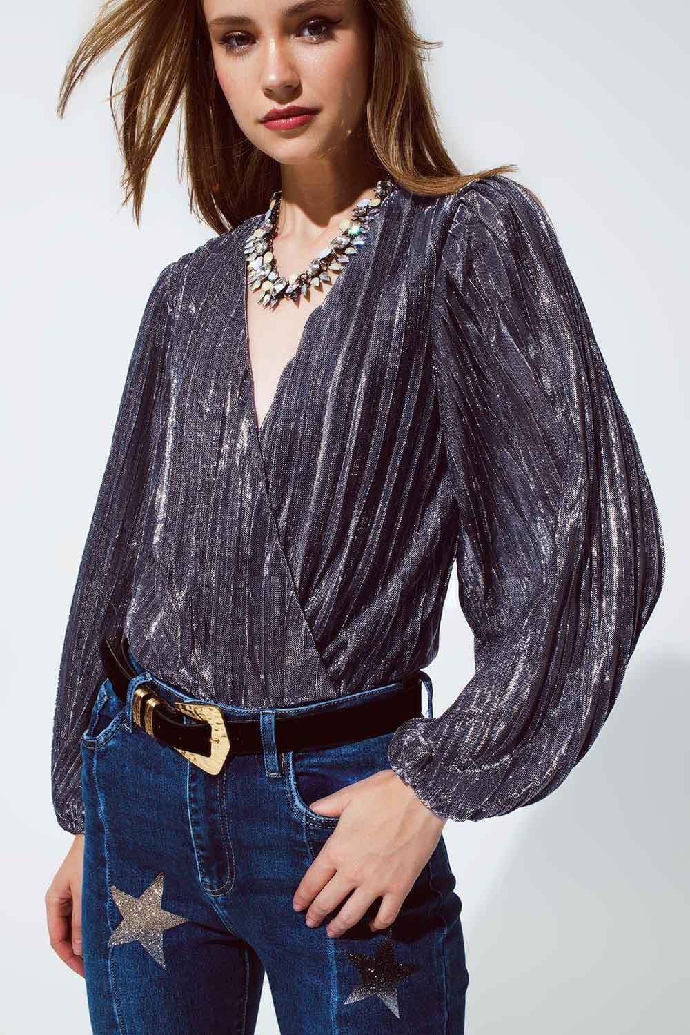Shiny Glitter Body with Deep V-Neck in Silver Q2 Tops BoutiqueLua