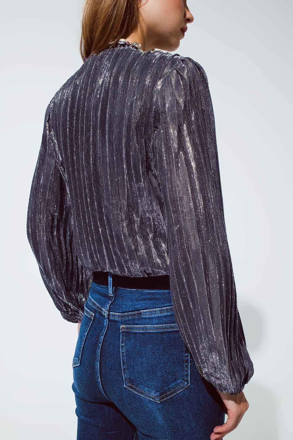Shiny Glitter Body with Deep V-Neck in Silver Q2 Tops BoutiqueLua