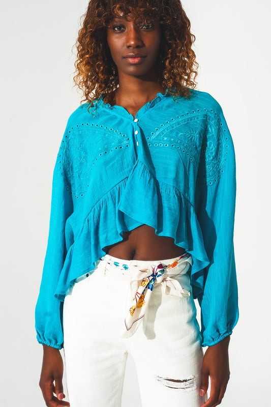 Shirred crop top with embroidery in blue - Tops