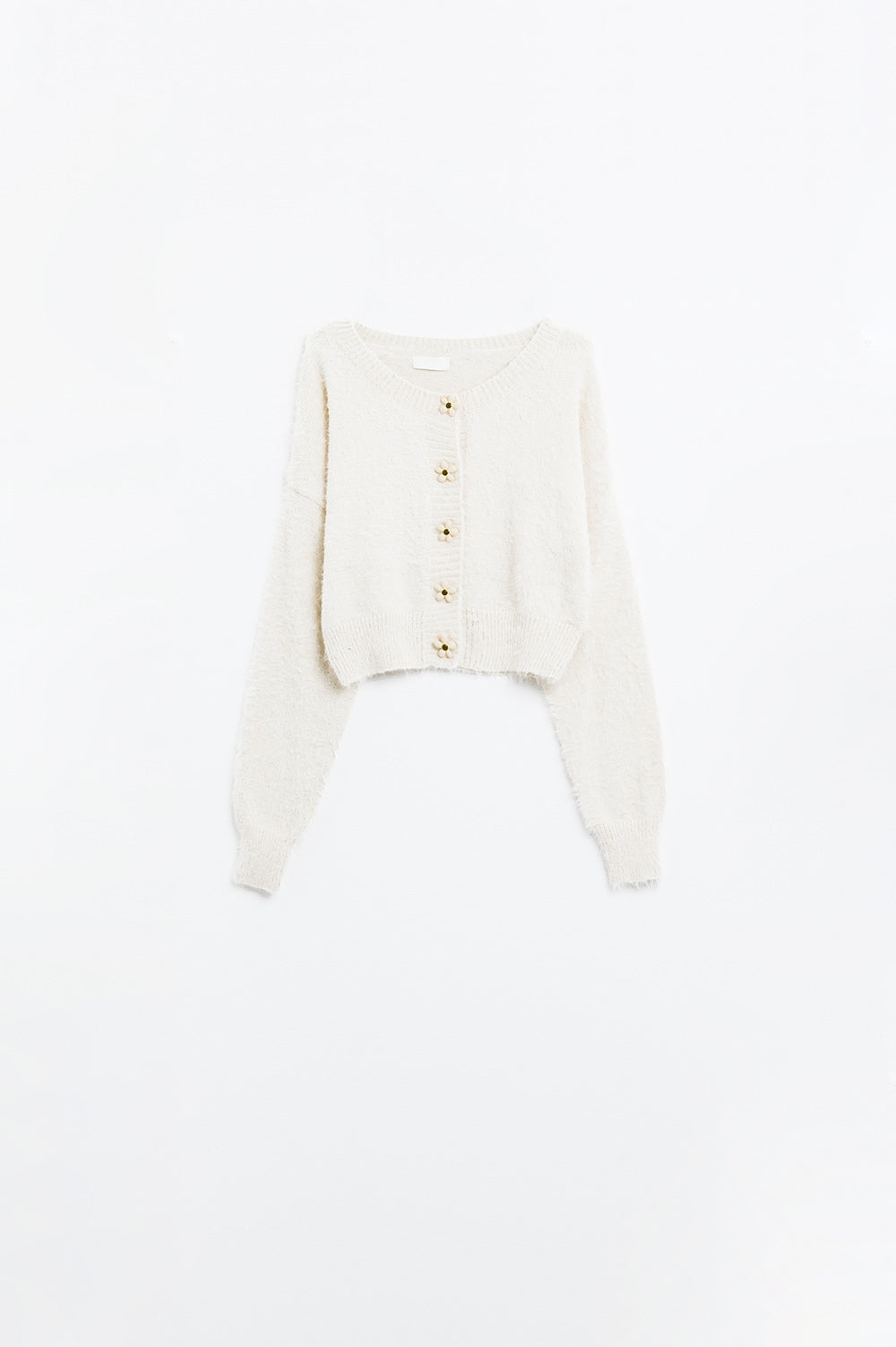 Short and fluffy cream cardigan with flower buttons Q2 Sweaters BoutiqueLua
