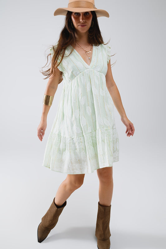Short Babydoll Dress With Leaf Print And Lurex Thread in Mint - Dresses
