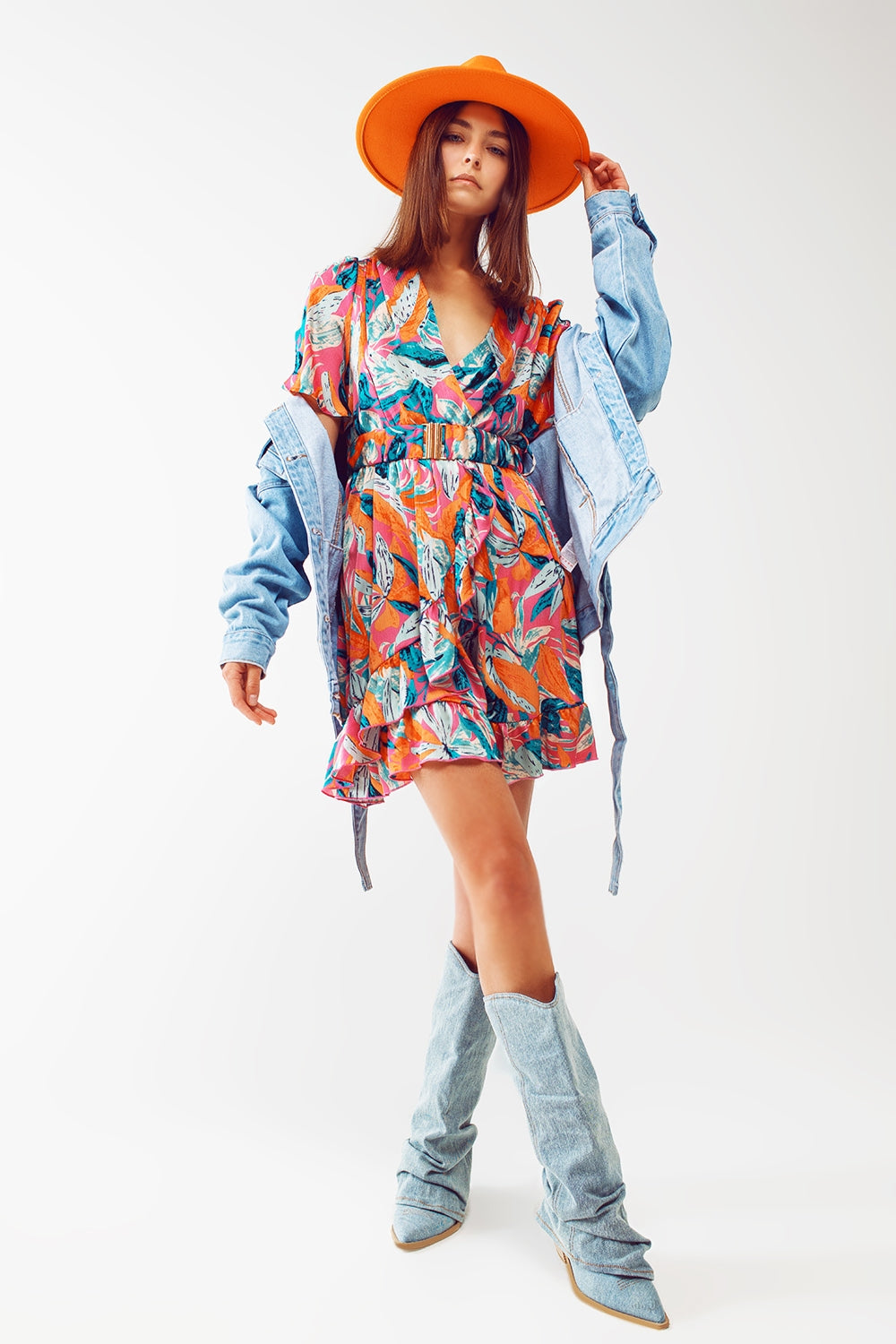 Short Belted Wrap Dress With Floral Print in Orange Q2 Dresses BoutiqueLua