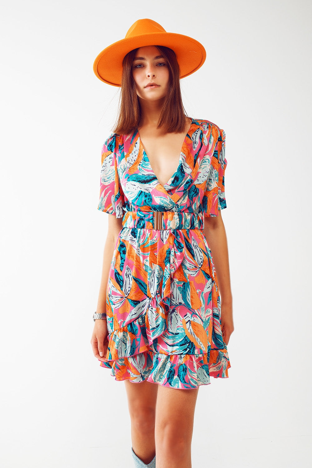 Short Belted Wrap Dress With Floral Print in Orange Q2 Dresses BoutiqueLua