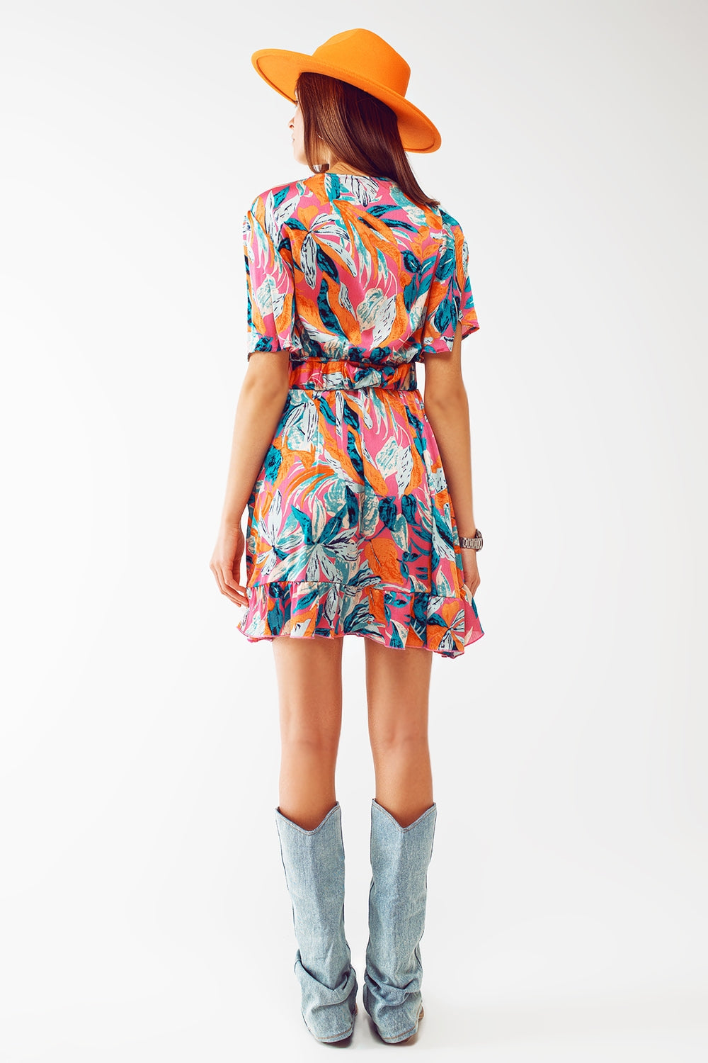 Short Belted Wrap Dress With Floral Print in Orange Q2 Dresses BoutiqueLua