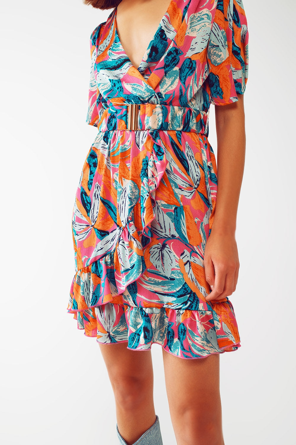 Short Belted Wrap Dress With Floral Print in Orange Q2 Dresses BoutiqueLua