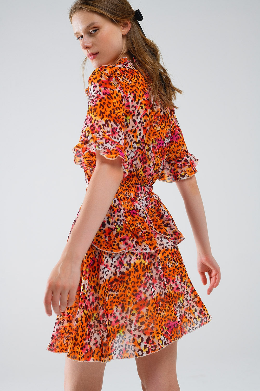 Short Dress with Animal Print in Orange and White - Dresses