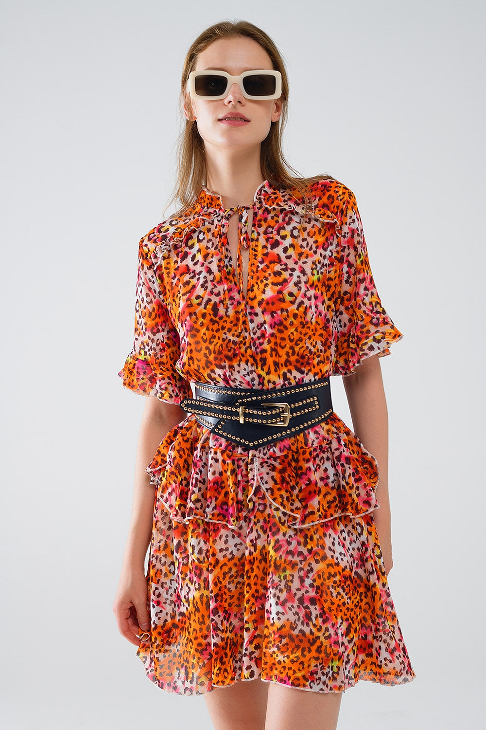 Short Dress with Animal Print in Orange and White - Dresses