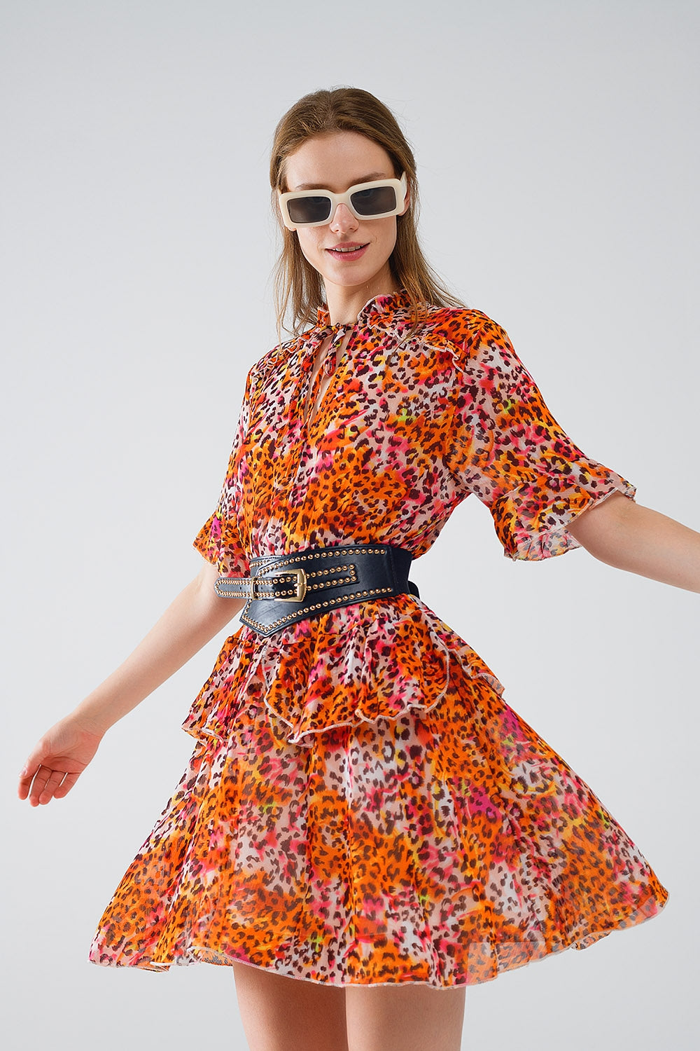 Short Dress with Animal Print in Orange and White - Dresses