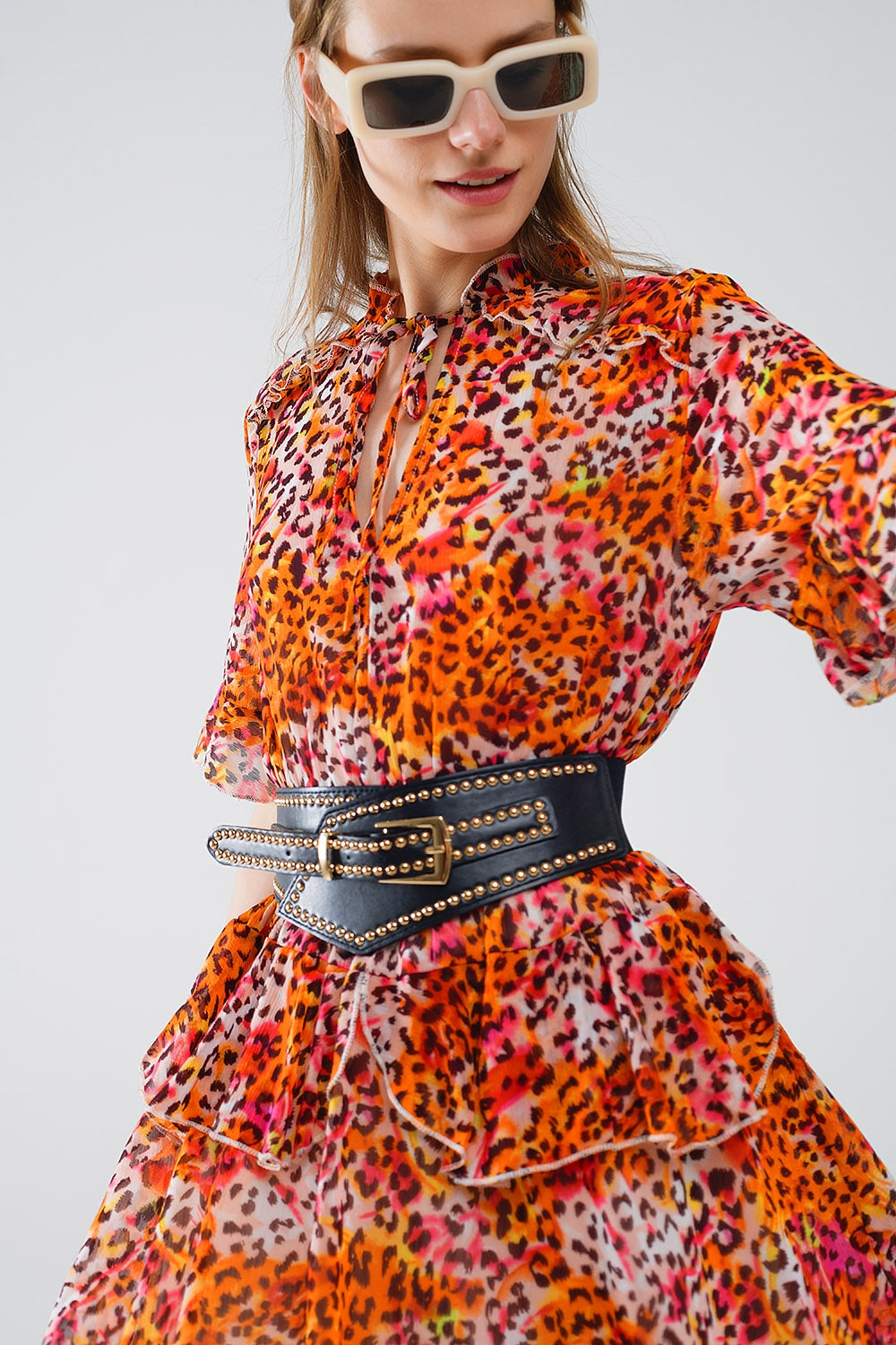 Short Dress with Animal Print in Orange and White - Dresses