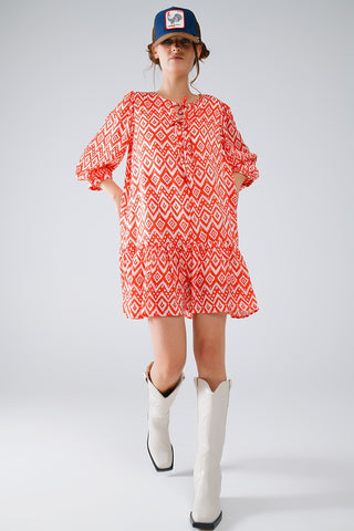 Short Dress With Tie At The Front Details in Ethnic Red Print