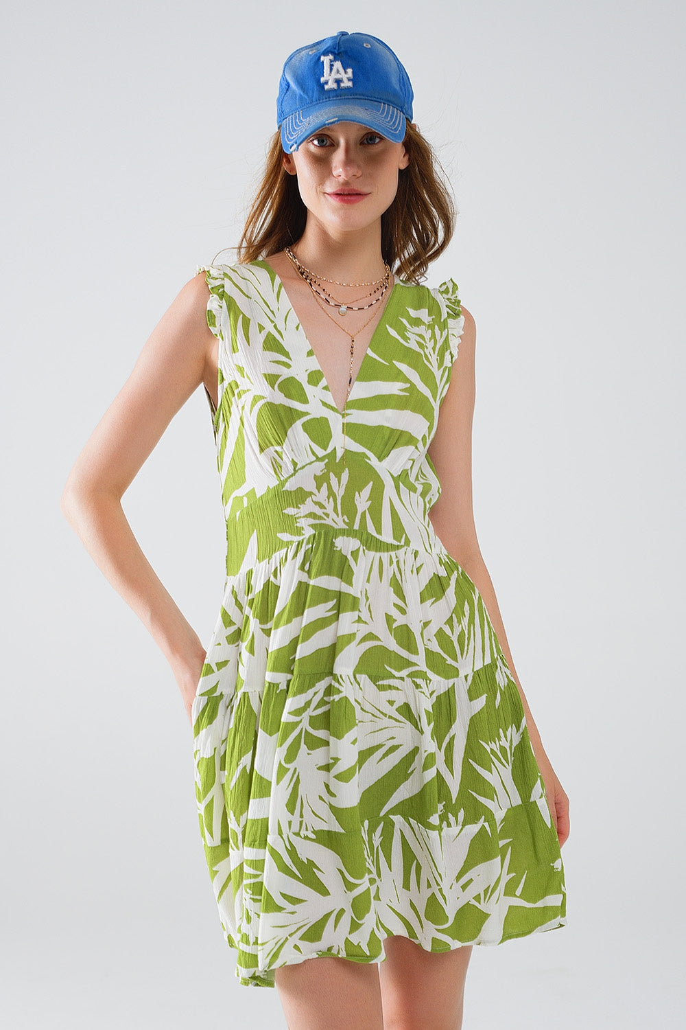 short green dress with tropical palm print Q2 Dresses BoutiqueLua