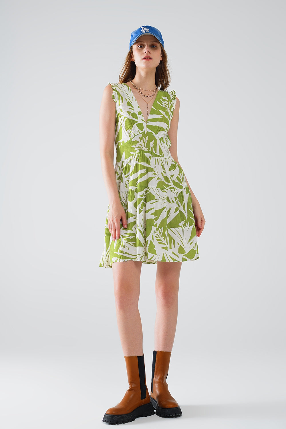 short green dress with tropical palm print Q2 Dresses BoutiqueLua