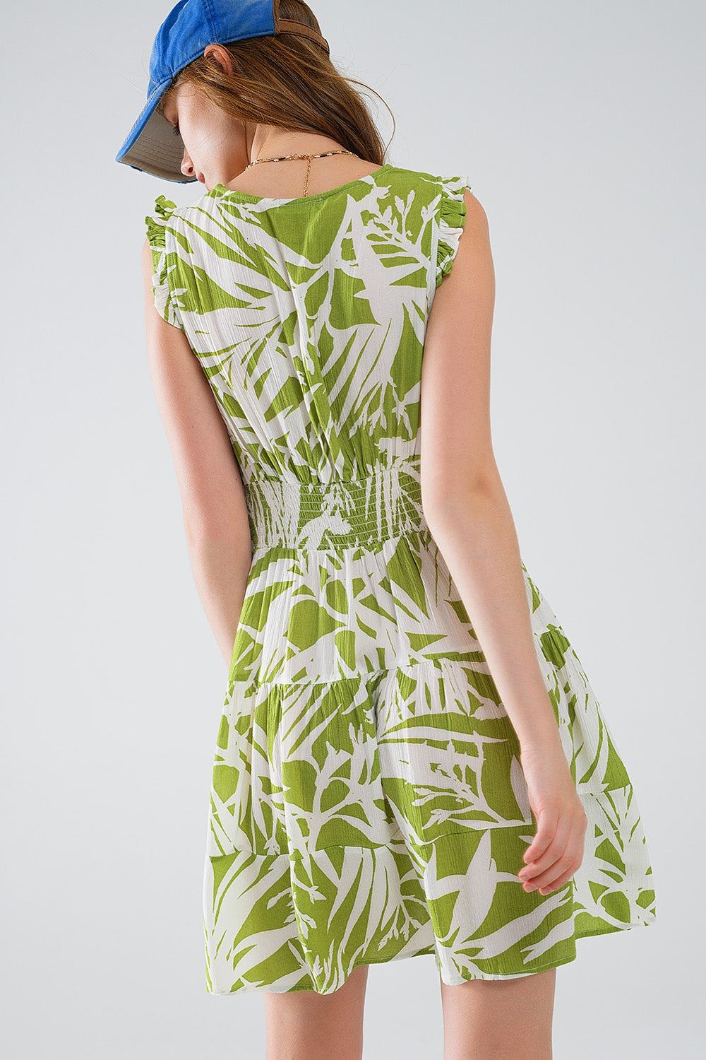 short green dress with tropical palm print Q2 Dresses BoutiqueLua