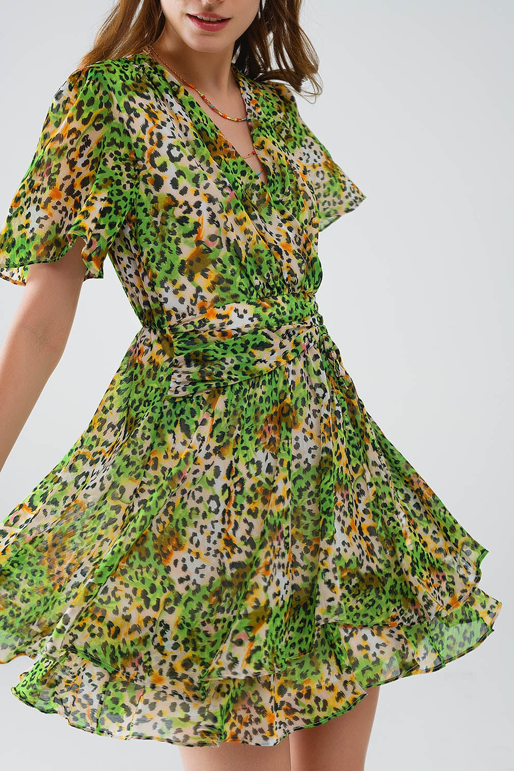 Short Green Multicolored Dress With Crossed Top with Animal Print Q2 Dresses BoutiqueLua