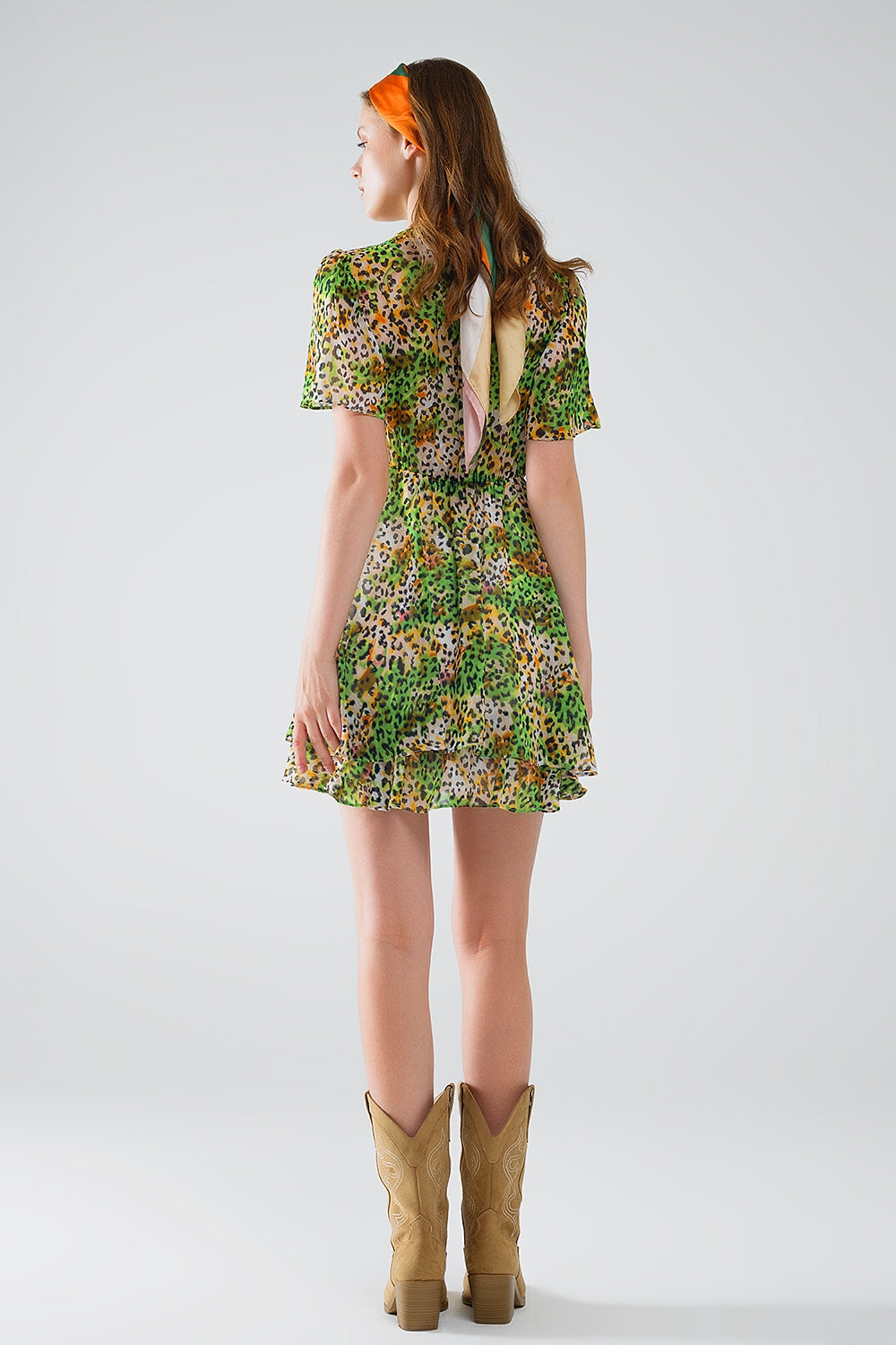 Short Green Multicolored Dress With Crossed Top with Animal Print Q2 Dresses BoutiqueLua